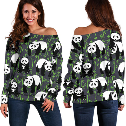 Panda Bear Bamboo Themed Print Off Shoulder Sweatshirt
