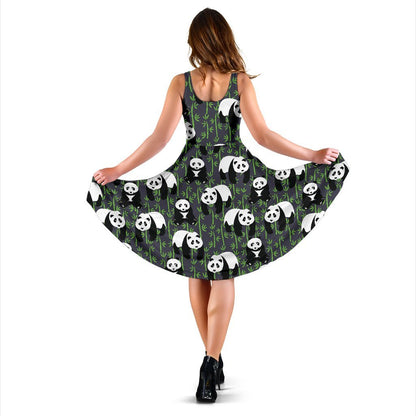 Panda Bear Bamboo Themed Print Sleeveless Dress