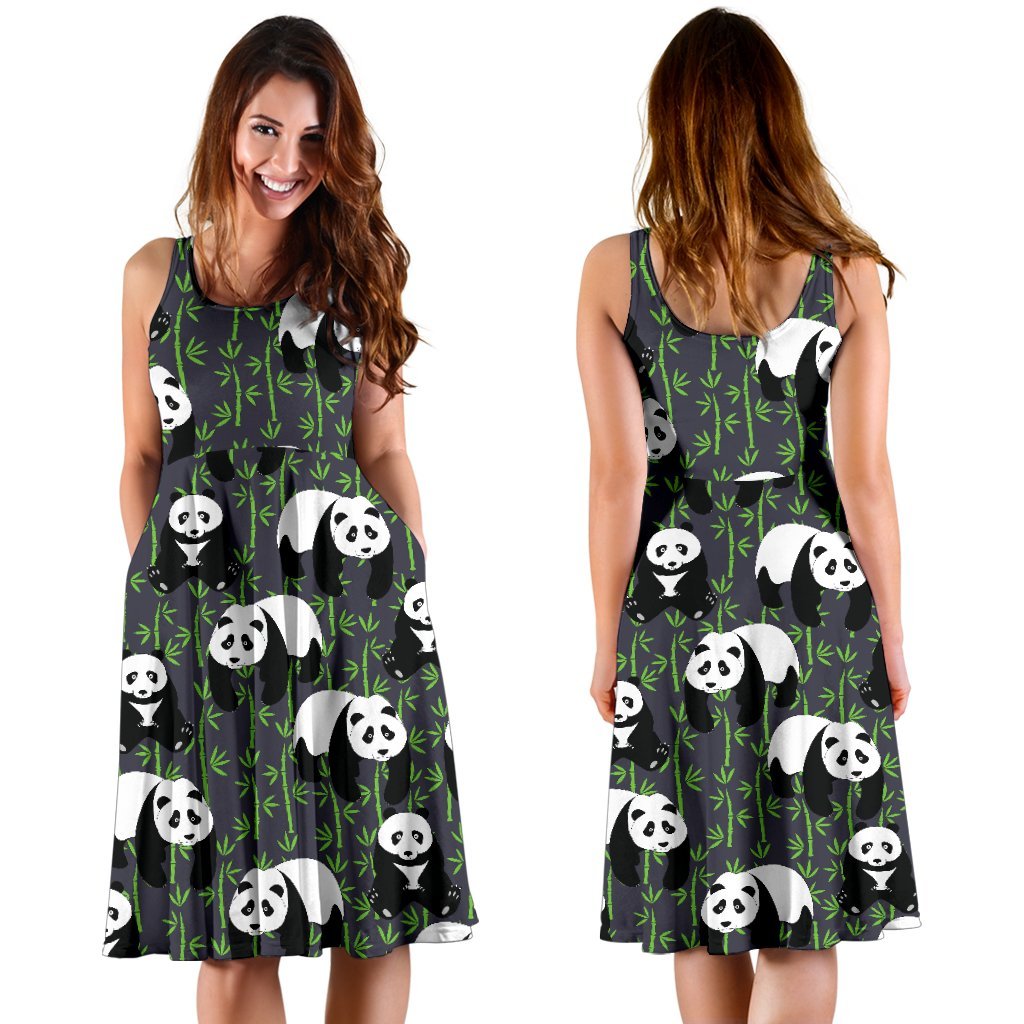 Panda Bear Bamboo Themed Print Sleeveless Dress