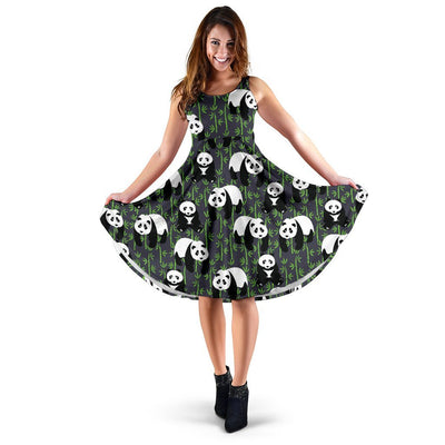 Panda Bear Bamboo Themed Print Sleeveless Dress