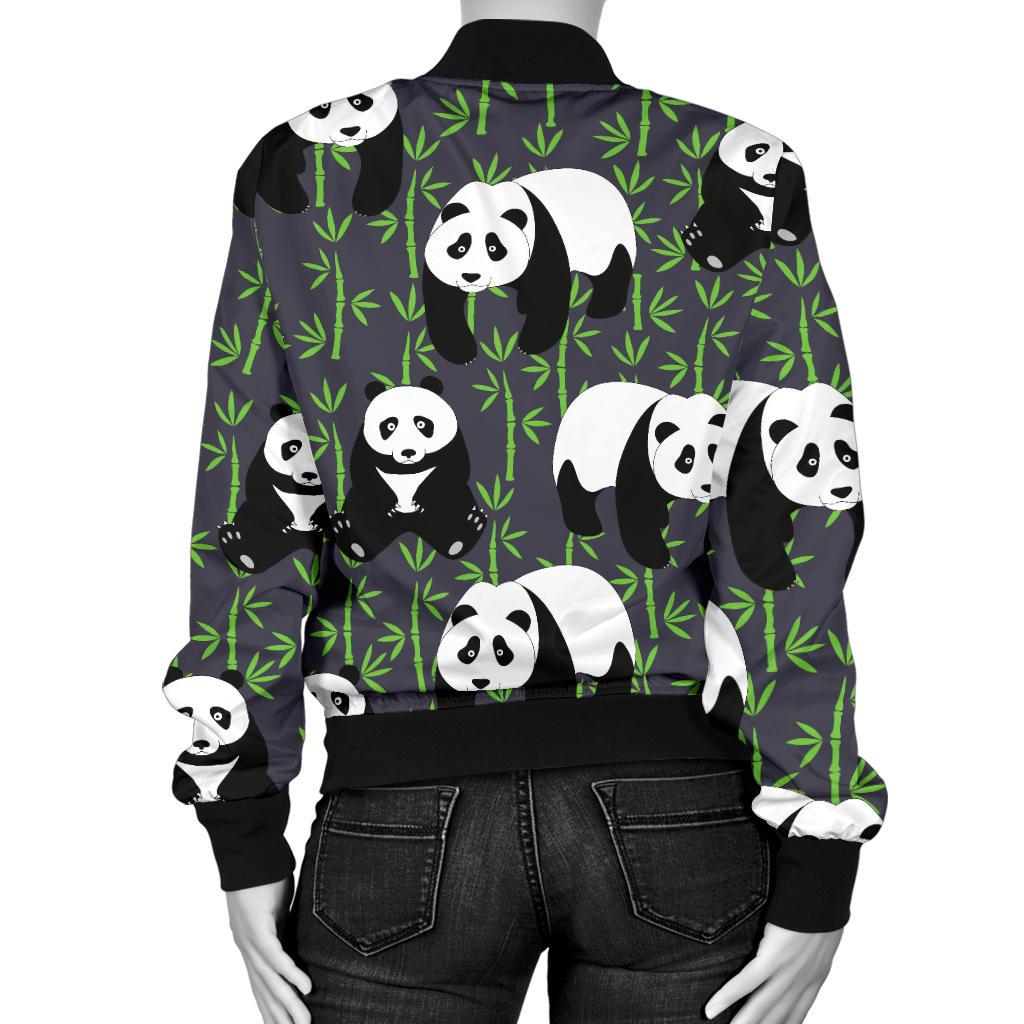 Panda Bear Bamboo Themed Print Women Casual Bomber Jacket