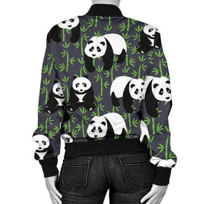 Panda Bear Bamboo Themed Print Women Casual Bomber Jacket