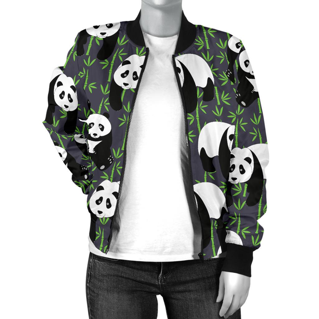 Panda Bear Bamboo Themed Print Women Casual Bomber Jacket