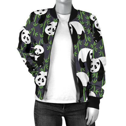 Panda Bear Bamboo Themed Print Women Casual Bomber Jacket