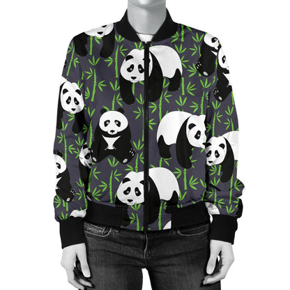 Panda Bear Bamboo Themed Print Women Casual Bomber Jacket