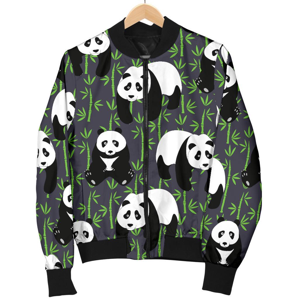 Panda Bear Bamboo Themed Print Women Casual Bomber Jacket