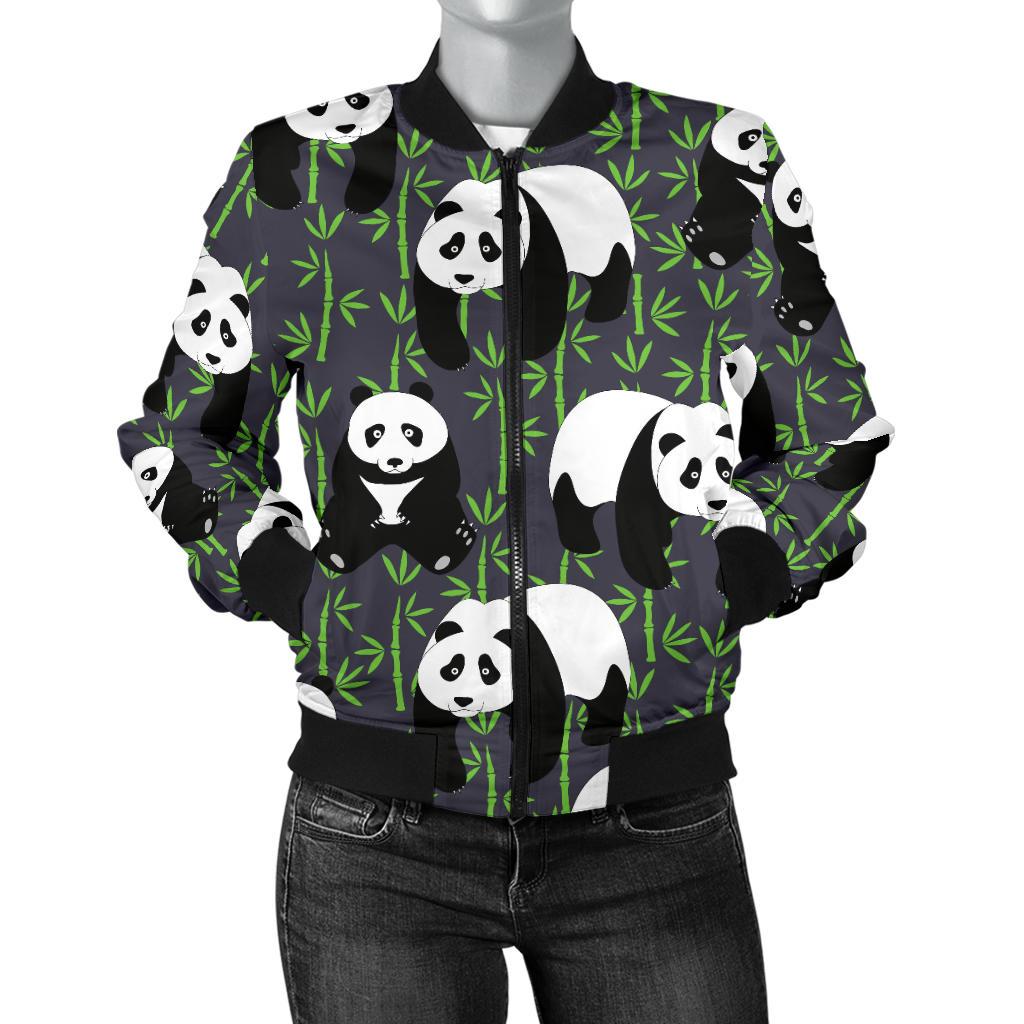 Panda Bear Bamboo Themed Print Women Casual Bomber Jacket