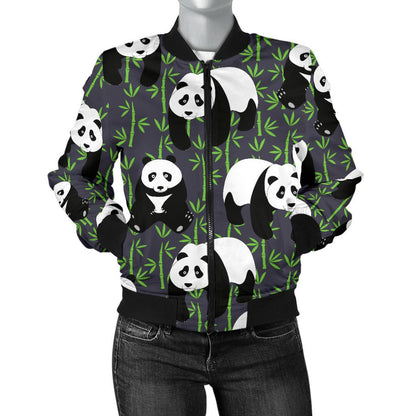 Panda Bear Bamboo Themed Print Women Casual Bomber Jacket