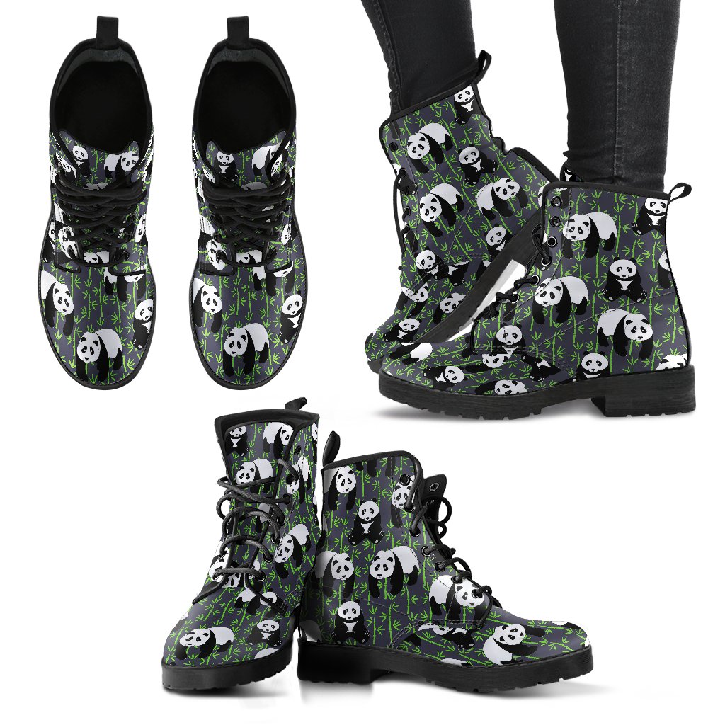 Panda Bear Bamboo Themed Print Women Leather Boots-JTAMIGO.COM