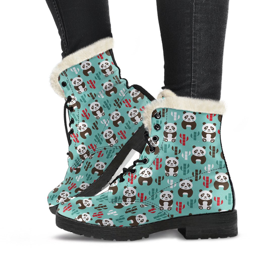 Panda Bear Cute Themed Print Faux Fur Leather Boots-JTAMIGO.COM