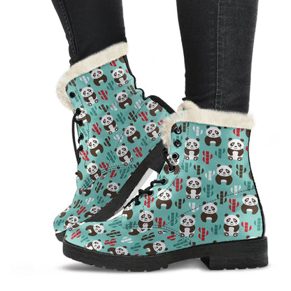 Panda Bear Cute Themed Print Faux Fur Leather Boots-JTAMIGO.COM