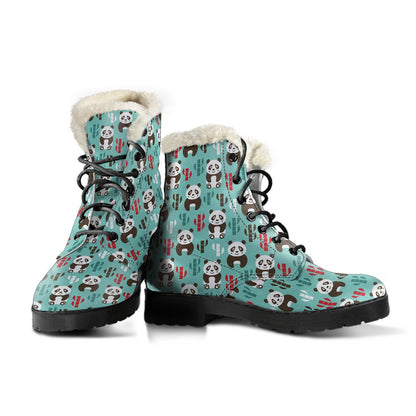 Panda Bear Cute Themed Print Faux Fur Leather Boots-JTAMIGO.COM