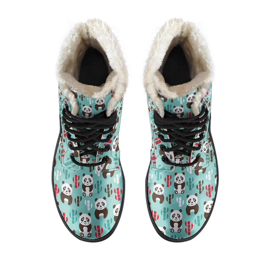Panda Bear Cute Themed Print Faux Fur Leather Boots-JTAMIGO.COM