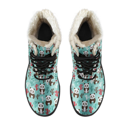 Panda Bear Cute Themed Print Faux Fur Leather Boots-JTAMIGO.COM