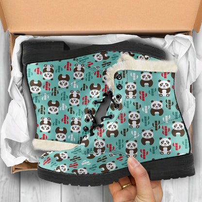 Panda Bear Cute Themed Print Faux Fur Leather Boots-JTAMIGO.COM