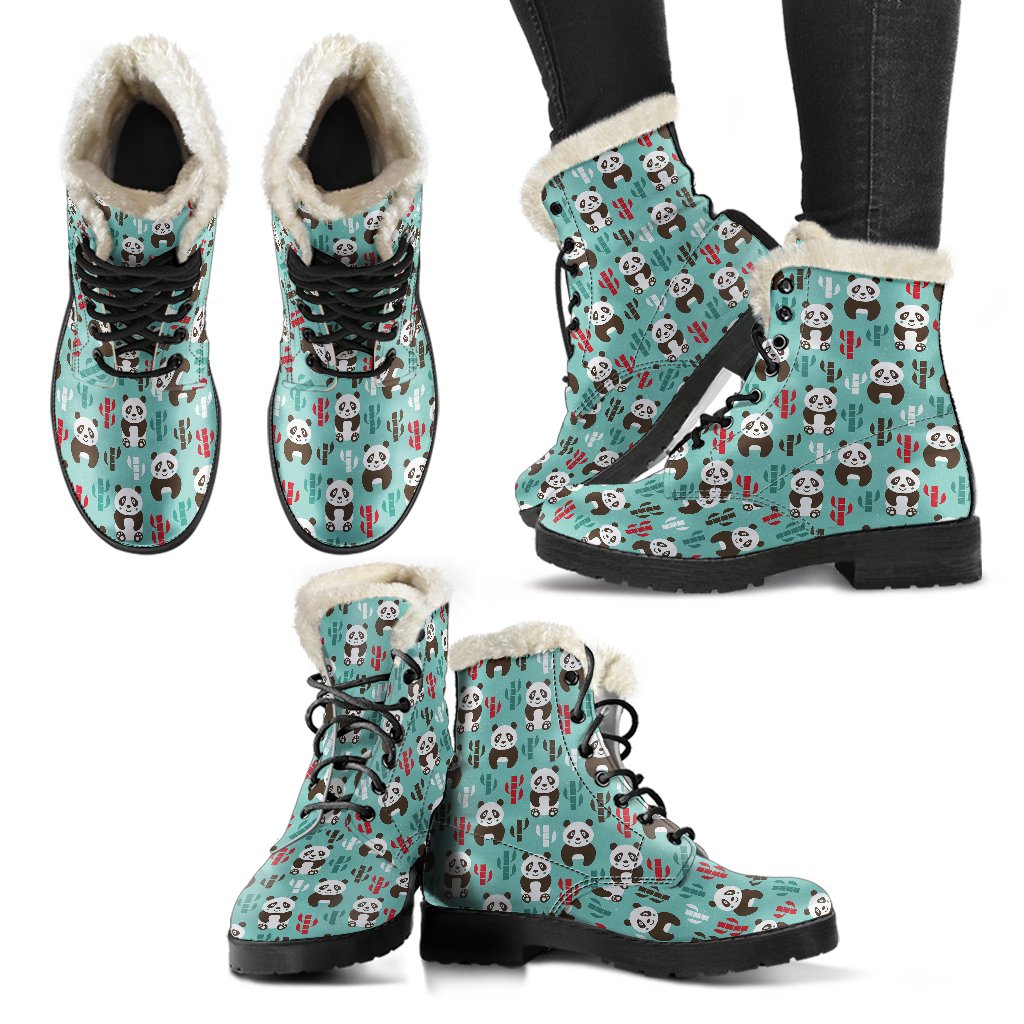 Panda Bear Cute Themed Print Faux Fur Leather Boots-JTAMIGO.COM