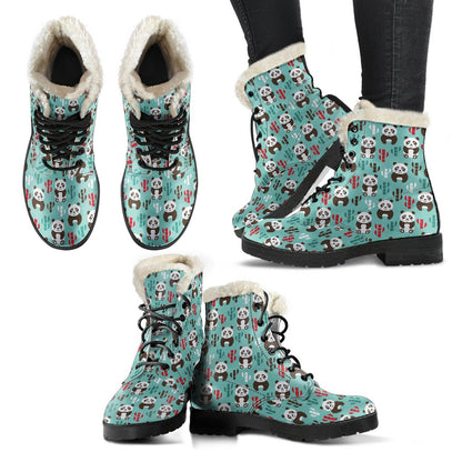Panda Bear Cute Themed Print Faux Fur Leather Boots-JTAMIGO.COM