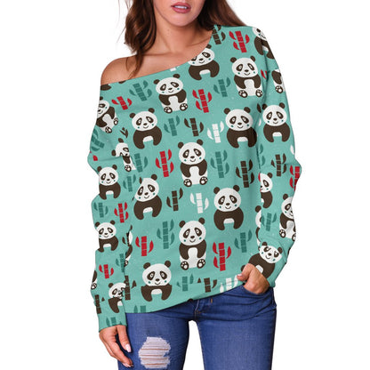 Panda Bear Cute Themed Print Off Shoulder Sweatshirt