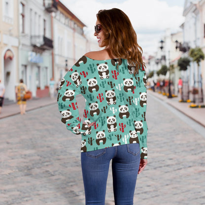 Panda Bear Cute Themed Print Off Shoulder Sweatshirt