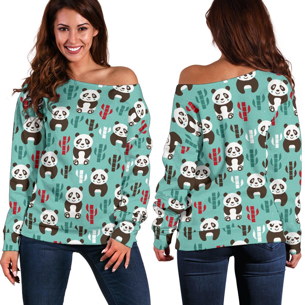 Panda Bear Cute Themed Print Off Shoulder Sweatshirt