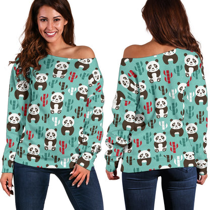 Panda Bear Cute Themed Print Off Shoulder Sweatshirt