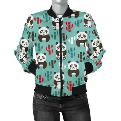 Panda Bear Cute Themed Print Women Casual Bomber Jacket
