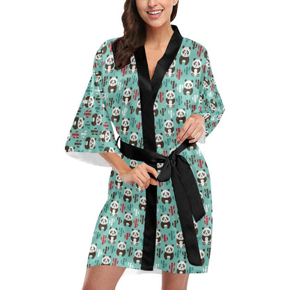 Panda Bear Cute Themed Print Women Short Kimono Robe