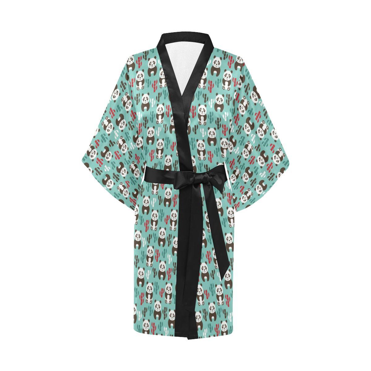 Panda Bear Cute Themed Print Women Short Kimono Robe