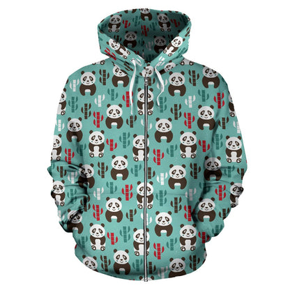 Panda Bear Cute Themed Print Zip Up Hoodie