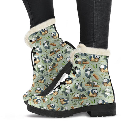 Panda Bear Design Bamboo Print Faux Fur Leather Boots-JTAMIGO.COM