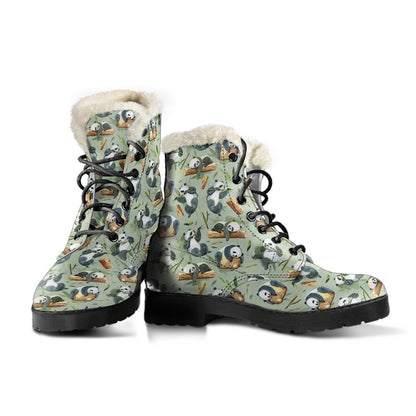 Panda Bear Design Bamboo Print Faux Fur Leather Boots-JTAMIGO.COM