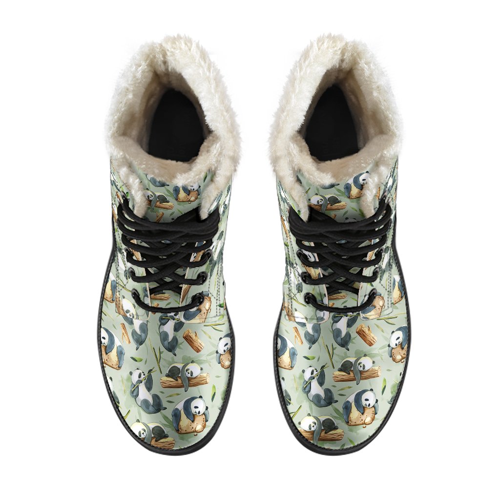 Panda Bear Design Bamboo Print Faux Fur Leather Boots-JTAMIGO.COM