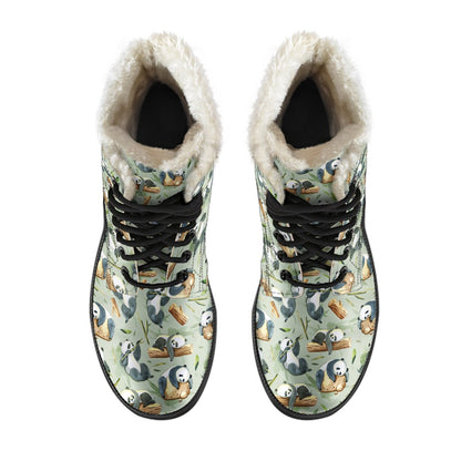 Panda Bear Design Bamboo Print Faux Fur Leather Boots-JTAMIGO.COM