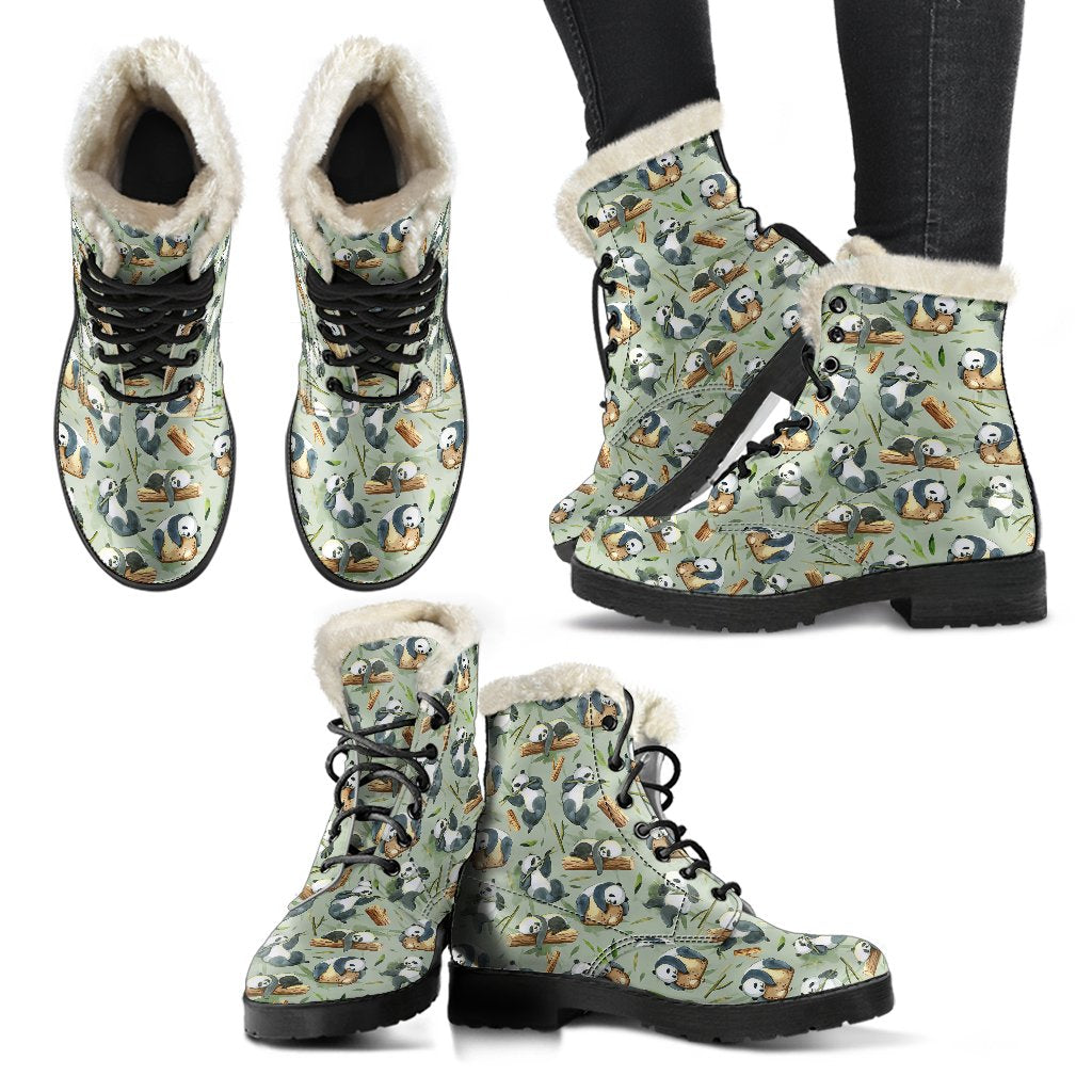 Panda Bear Design Bamboo Print Faux Fur Leather Boots-JTAMIGO.COM