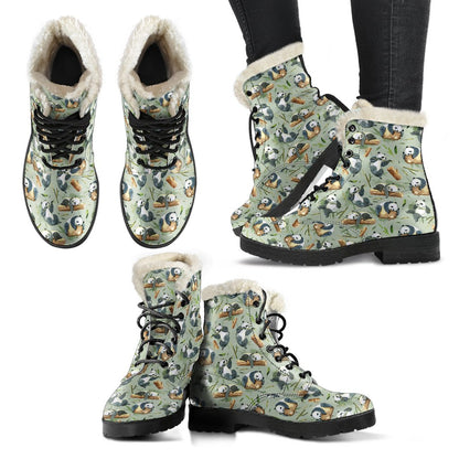 Panda Bear Design Bamboo Print Faux Fur Leather Boots-JTAMIGO.COM