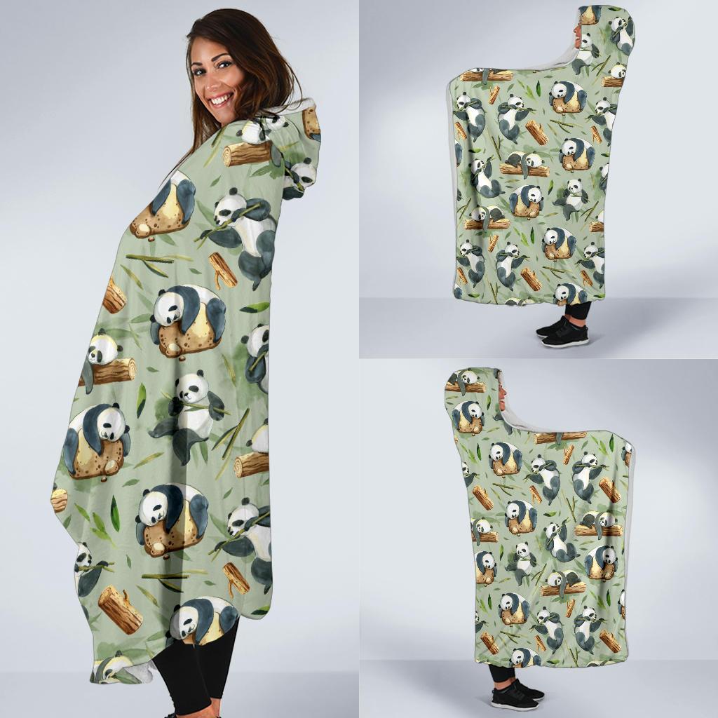 Panda Bear Design Bamboo Print Hooded Blanket-JTAMIGO.COM
