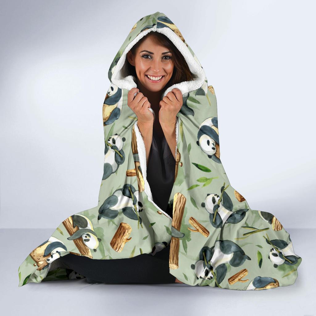 Panda Bear Design Bamboo Print Hooded Blanket-JTAMIGO.COM