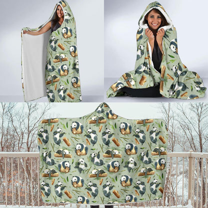Panda Bear Design Bamboo Print Hooded Blanket-JTAMIGO.COM