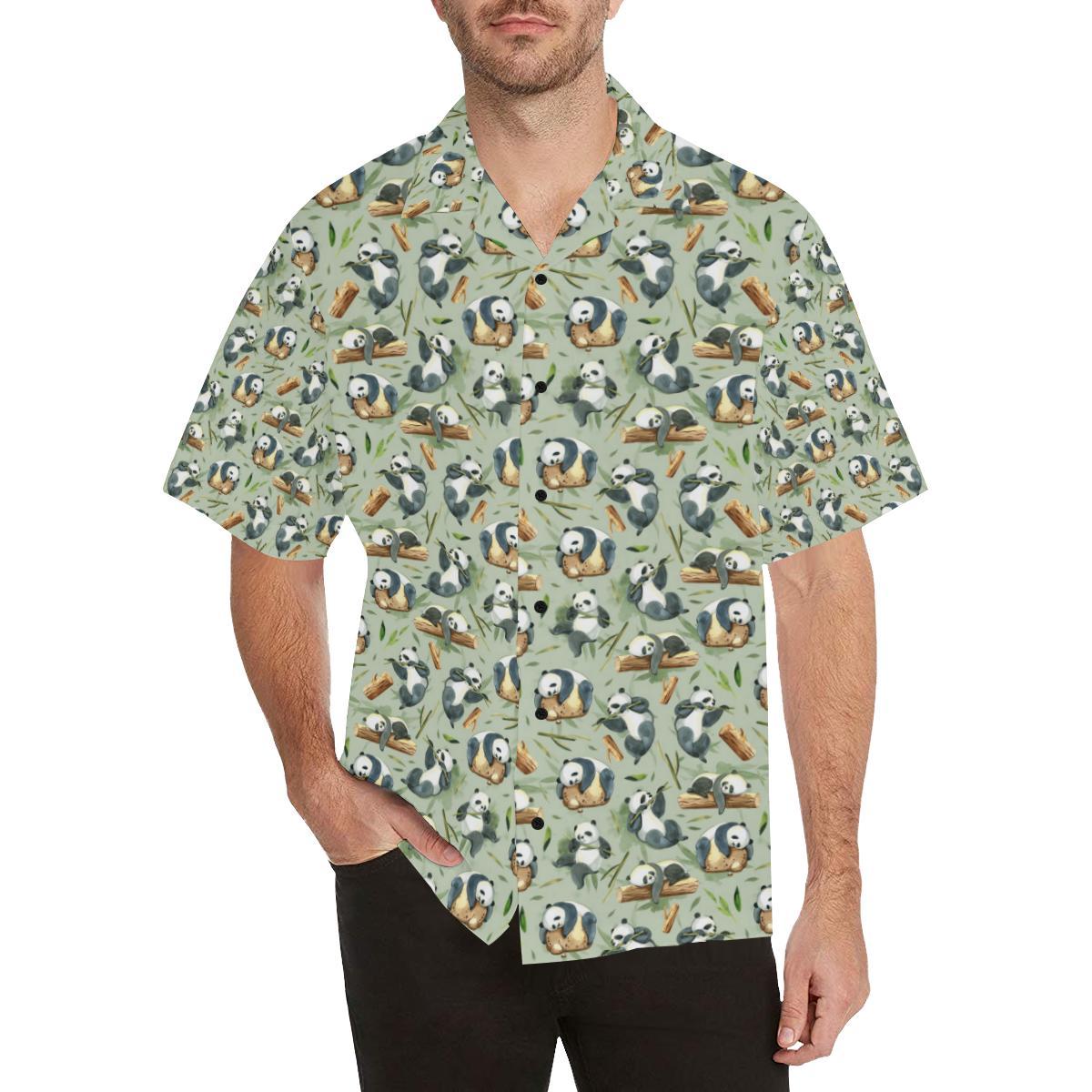 Panda Bear Design Bamboo Print Men Aloha Hawaiian Shirt