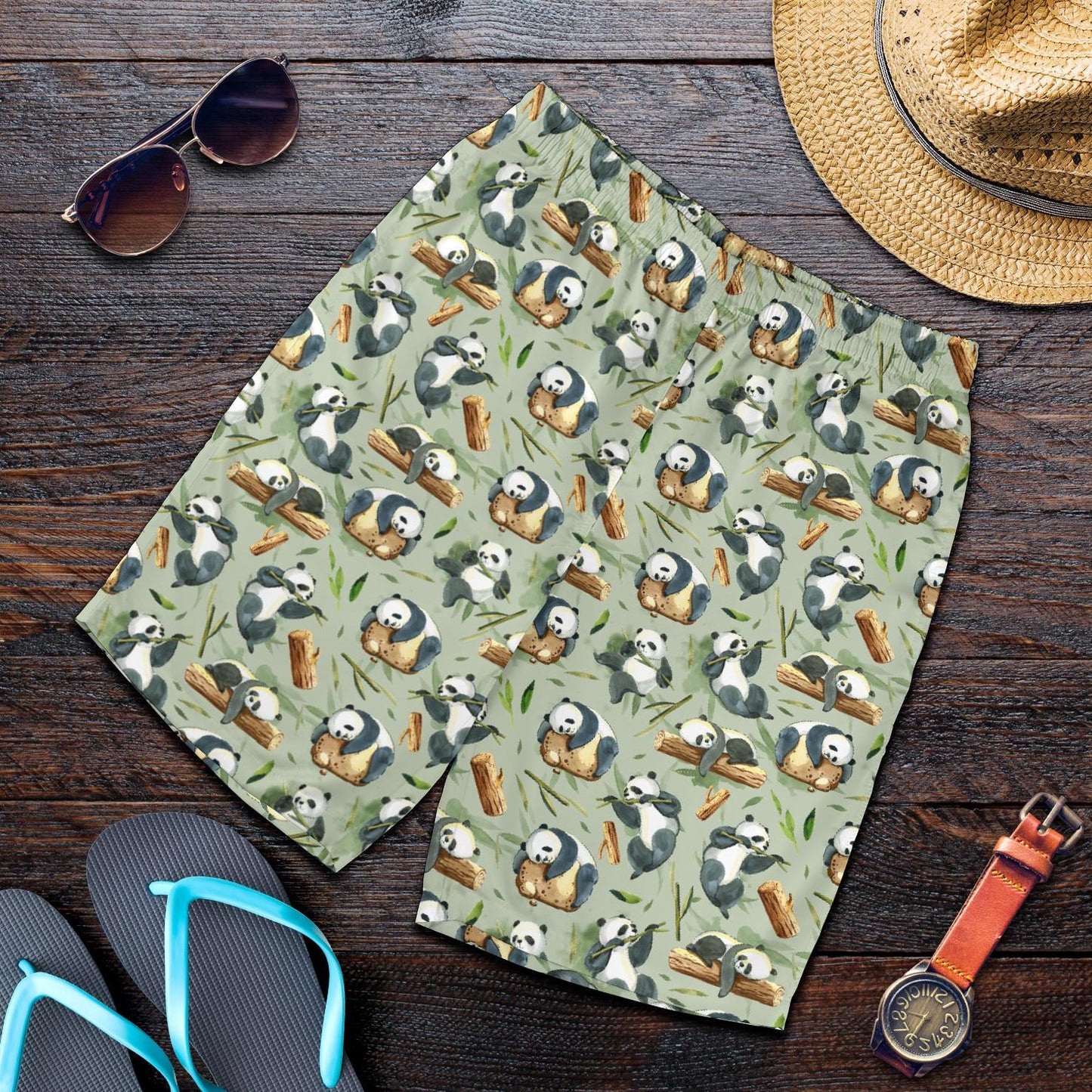 Panda Bear Design Bamboo Print Mens Shorts-JTAMIGO.COM