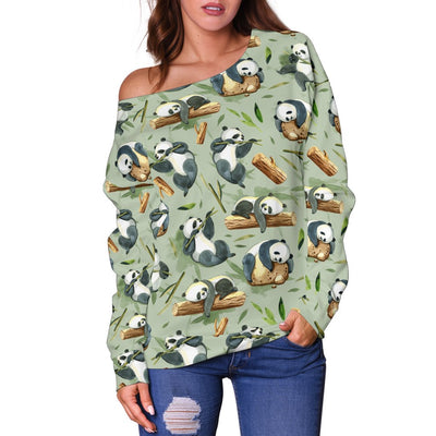 Panda Bear Design Bamboo Print Off Shoulder Sweatshirt