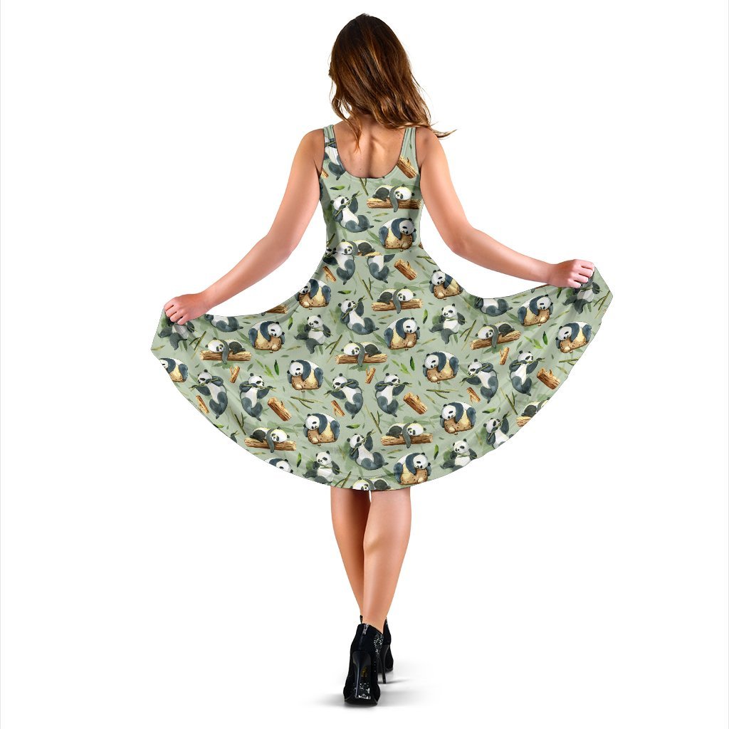 Panda Bear Design Bamboo Print Sleeveless Dress