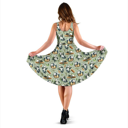 Panda Bear Design Bamboo Print Sleeveless Dress