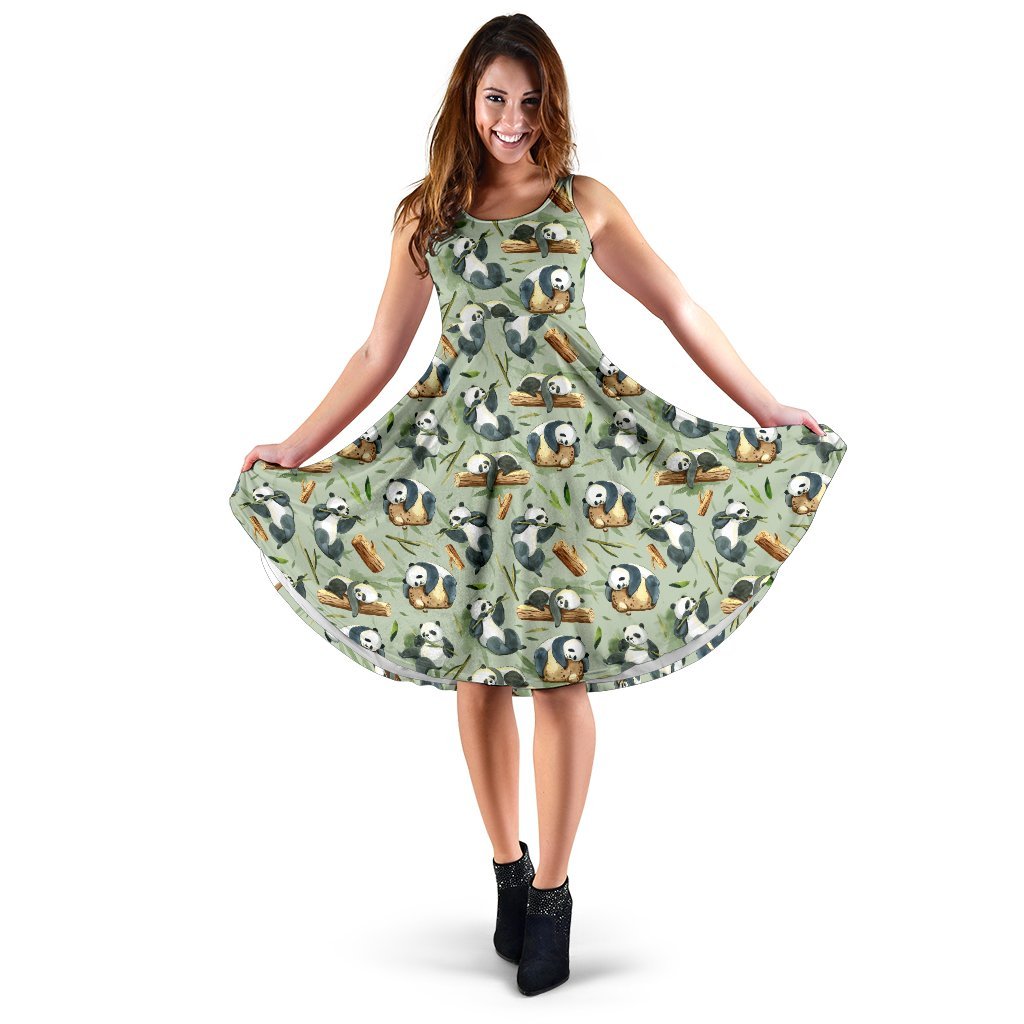 Panda Bear Design Bamboo Print Sleeveless Dress