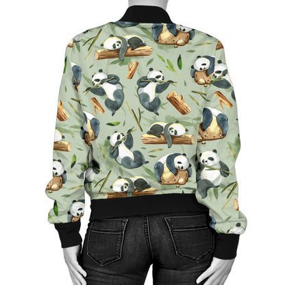 Panda Bear Design Bamboo Print Women Casual Bomber Jacket