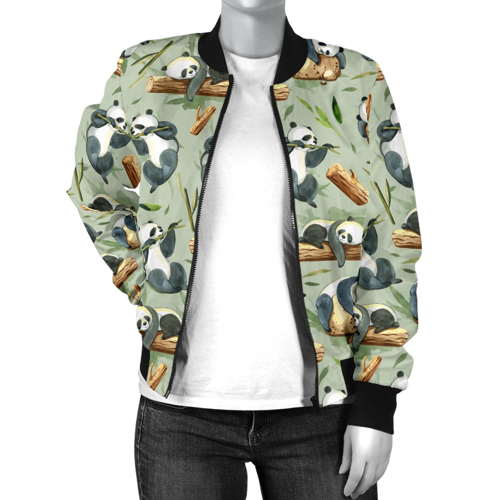 Panda Bear Design Bamboo Print Women Casual Bomber Jacket