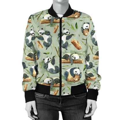 Panda Bear Design Bamboo Print Women Casual Bomber Jacket