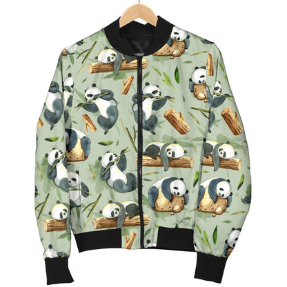 Panda Bear Design Bamboo Print Women Casual Bomber Jacket