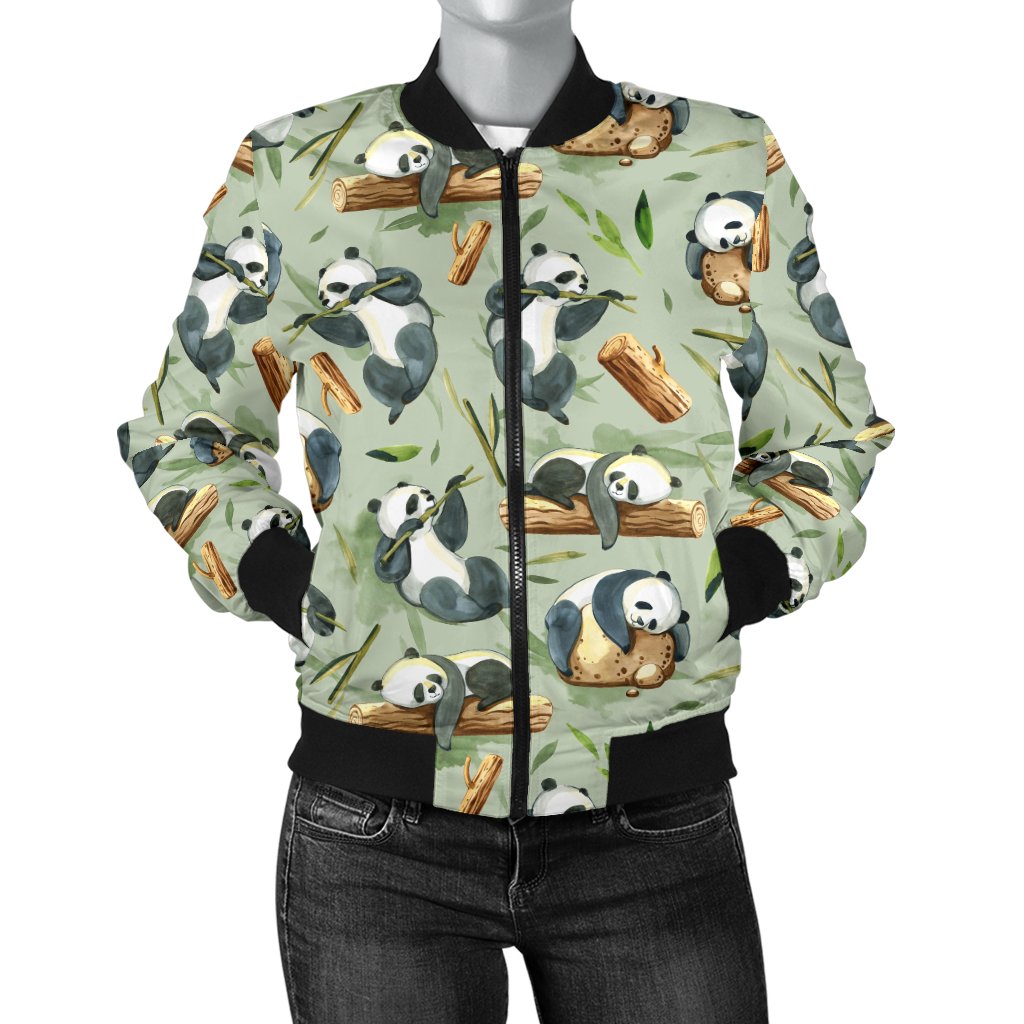 Panda Bear Design Bamboo Print Women Casual Bomber Jacket