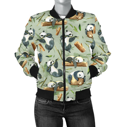 Panda Bear Design Bamboo Print Women Casual Bomber Jacket